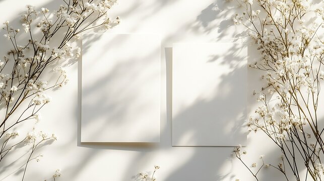 Two wedding invitation cards mockup front and back sides blank card mock up with stylish decor : Generative AI