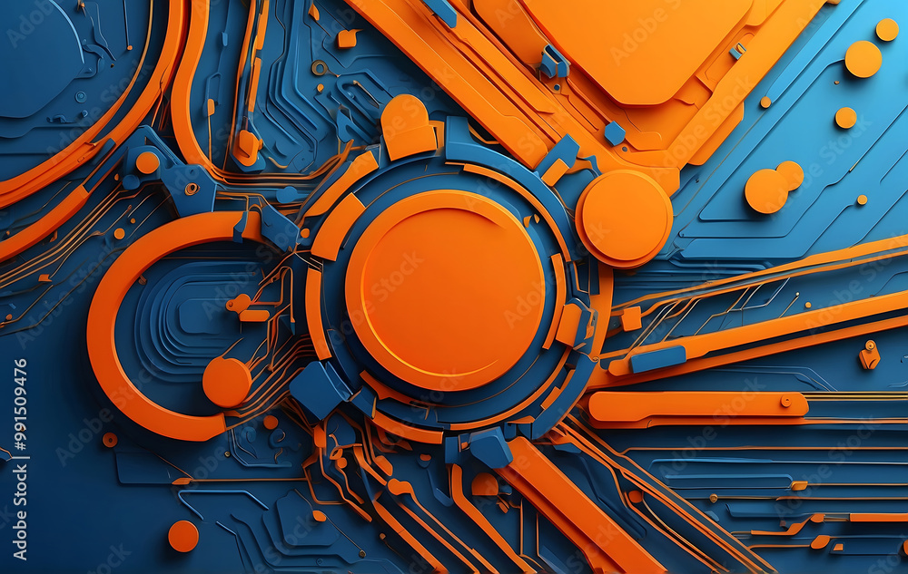 Poster closeup of computer circuit board illuminated by glowing orange lines