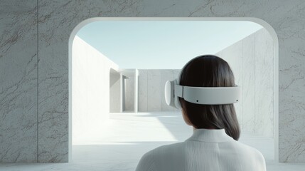 A VR-assisted journey through a newly designed residential complex, where a woman navigates the space virtually before it becomes reality.