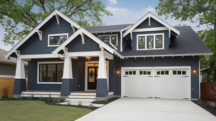 Modern Blue and White Suburban House with Garage and Landscaping