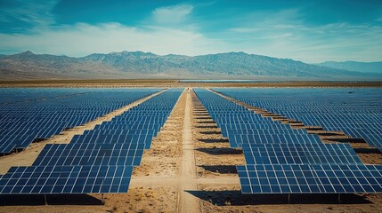 Aerial view of solar panels in a vast desert landscape under a clear blue sky.