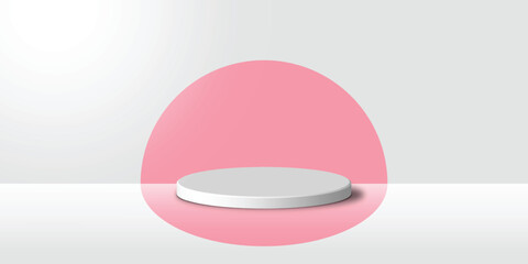 3D white product podium with pink color in round backdrop. Abstract geometric composition in minimal design. Studio showroom product pedestal, Product stage showcase mockup scene.