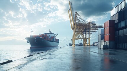 Cargo ship docked at a modern port with cranes and containers under a cloudy sky.