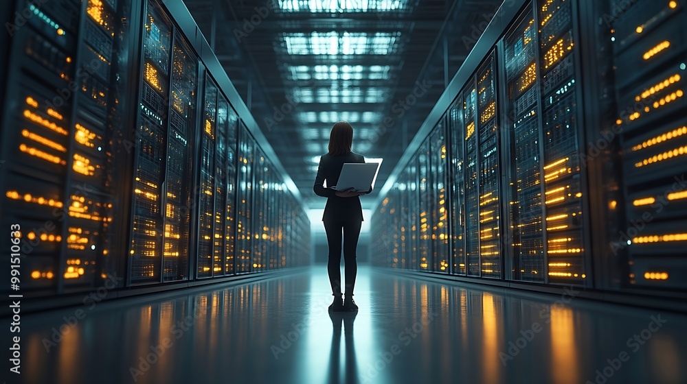 Poster 3D Graphics Concept Big Data Center Female Chief Technology Officer Using Laptop Standing In Warehouse Activates Servers Information Digitalization Starts SAAS Cloud Computing Web Serv : Generative AI