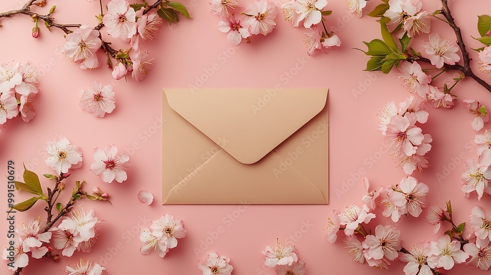 Poster minimalistic card mockup with cherry branch flower craft envelope blossom flat lay top view : genera