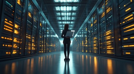 3D Graphics Concept Big Data Center Female Chief Technology Officer Using Laptop Standing In Warehouse Activates Servers Information Digitalization Starts SAAS Cloud Computing Web Serv : Generative AI