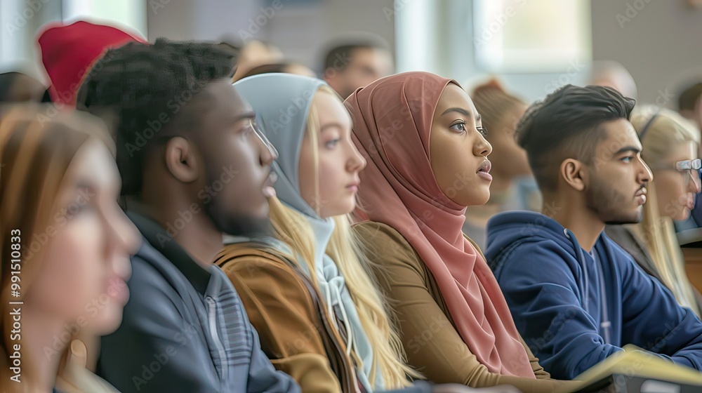 Poster a diverse classroom with students attentively listening to a professor during a lecture.