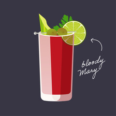 Bloody Mary cocktail isolated on black background. Vector illustration of classical alcohol drink