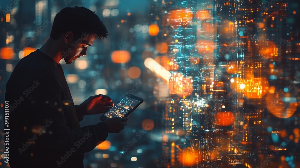Poster Digital technology big data internet network connection futuristic innovation technology background Man using mobile phone and laptop and smart city : Generative AI