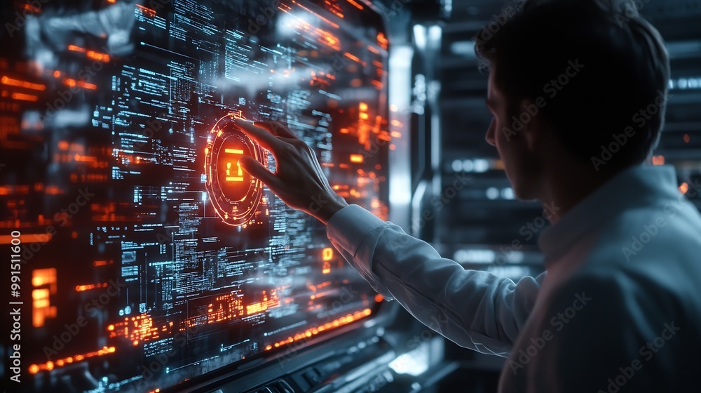 Poster digital information technology concept businessman touching artificial intelligence screen : generat