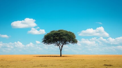 Fototapeta premium Minimal landscape of alone tree in between of Masai Mara plains and blue sky and morning clouds : Generative AI