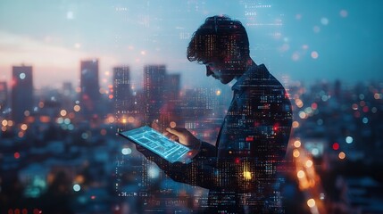 Business and technology software development IoT concept Double exposure man programmer software developer working on digital tablet and smart city with binary html computer code on sc : Generative AI