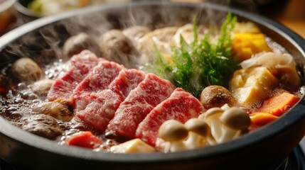 Close-up of a Shabu-Shabu meal with ingredients like beef, vegetables, and mushrooms being cooked in a hot pot, served with sauces.