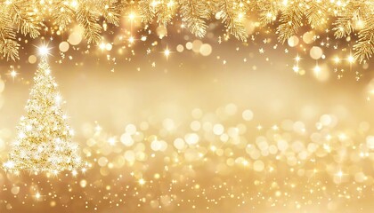 Golden Christmas Tree with Star and Baubles Glowing Softly in a Festive Bokeh Background, Accented with Glittering Gold in a Warm, Wintry Scene. Made with Generative AI Technology