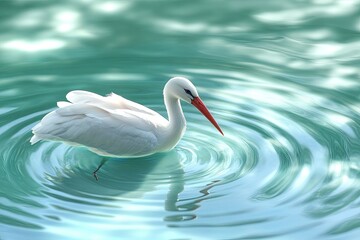 Obraz premium a white stork floating on clear water with soft circle wave and soft light 