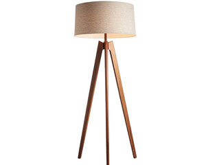 a wooden tripod lamp with a white shade