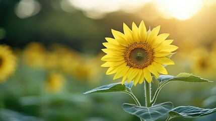 Close-up of a single sunflower in a blooming field with a blurred backdrop, leaving ample space on the right for promotional text.