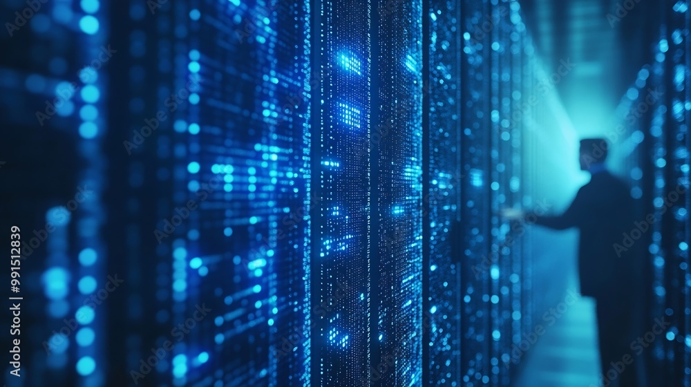 Fototapete Data Processing digital technology internet network concept Computer programmer working on big data and computer code with data center server room as backgrounds : Generative AI