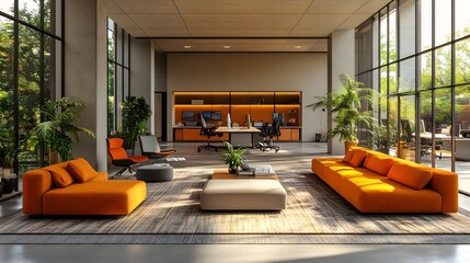 Spacious open office with modern furniture and collaborative workstations