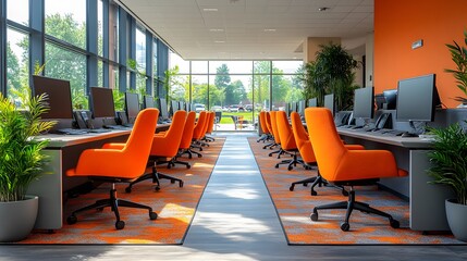 Open-plan office with flexible seating and shared workstations