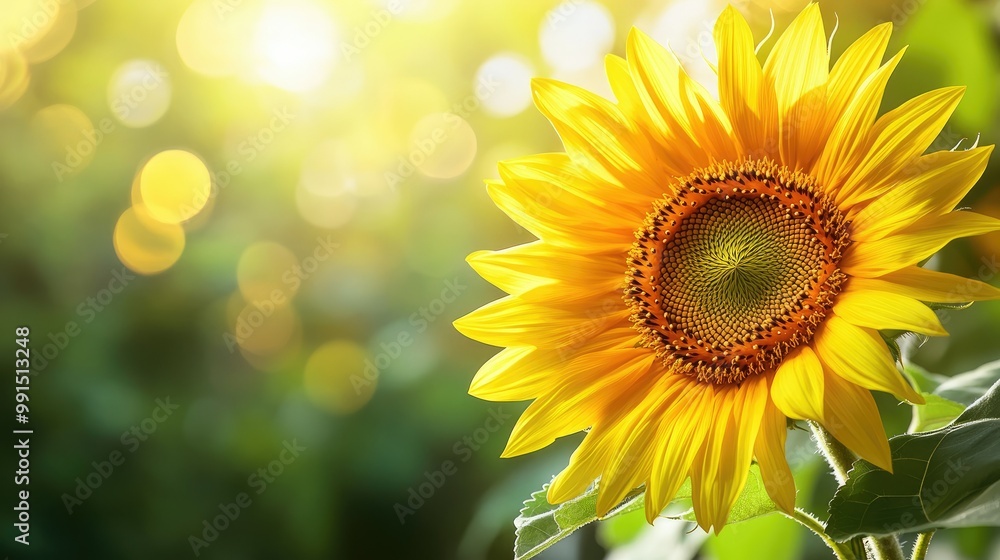 Poster close-up of a single sunflower with its bright petals and a soft-focus background, offering ample sp