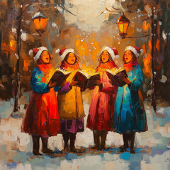 Fototapeta premium Carolers singing Christmas songs in the snow on a winter evening