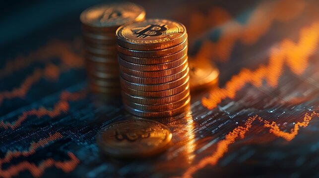 Double exposure image of coin stacks on technology financial graph backgroundEconomy trends background for business financial meltdown Cryptocurrency digital economy : Generative AI