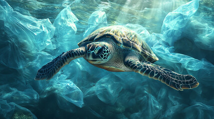 Fototapeta premium An emotive depiction of a sea turtle struggling to navigate through a sea of plastic bags, highlighting the urgent need for conservation efforts to protect endangered species 
