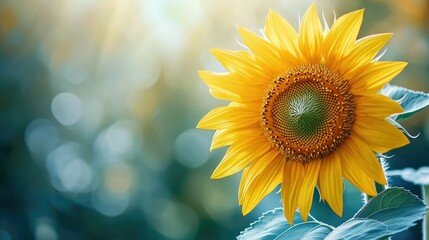 Obraz premium Close-up of a single sunflower with its bright petals and a soft-focus background, offering ample space on the right side for text or branding.
