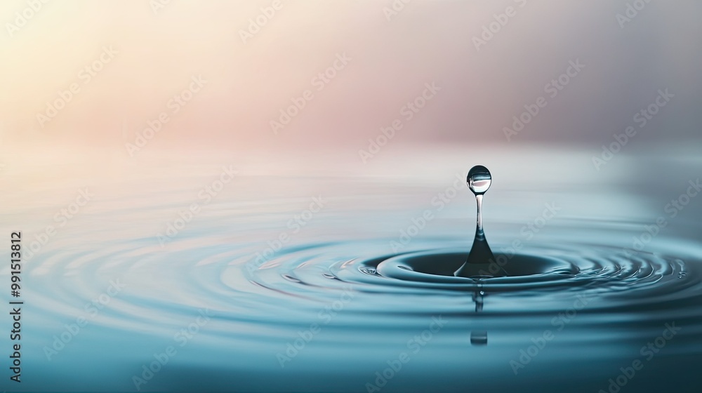 Poster close-up of a single water drop on a smooth surface, with a soft-focus background providing ample sp
