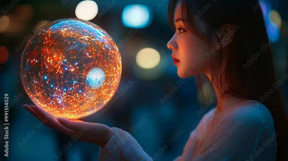 Poster woman hand holding virtual global internet connection metaverse business global internet connection 
