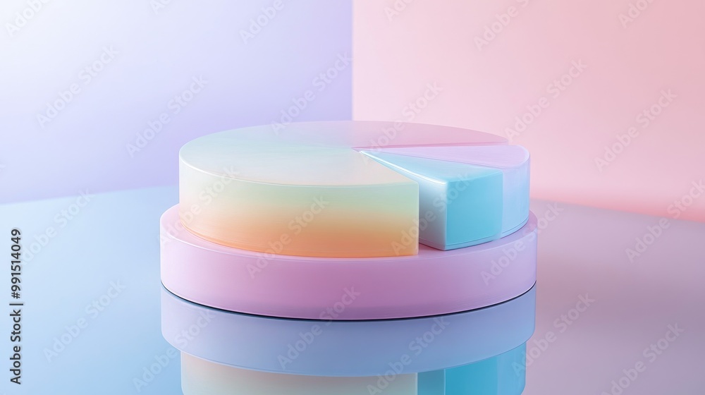 Poster a multi-layered 3d circular graph in pastel tones, with each slice elevated at different heights, di