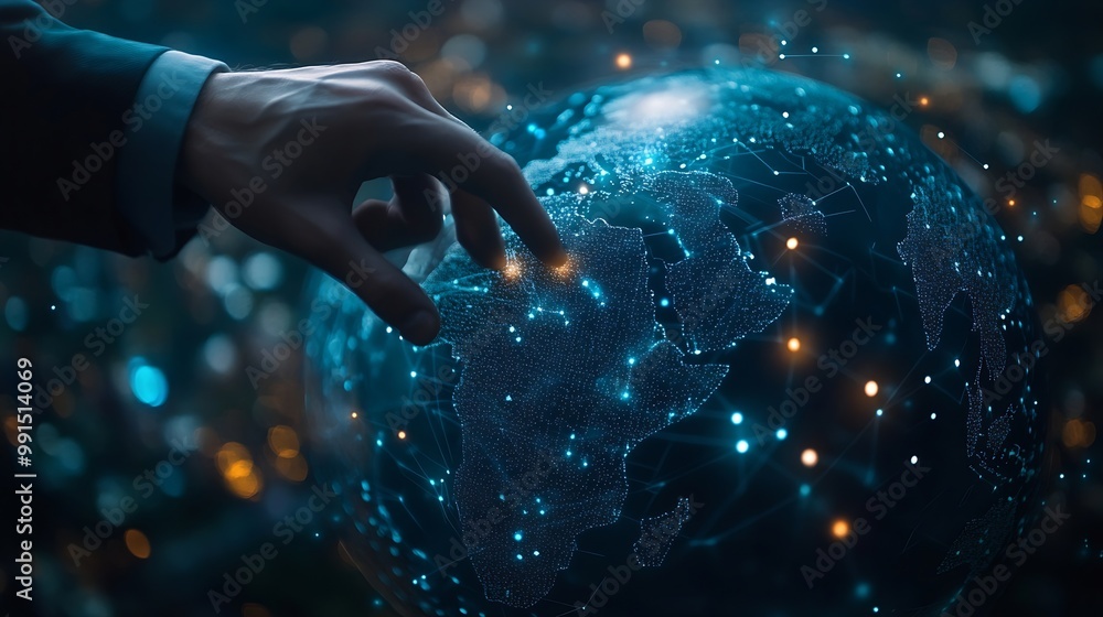 Poster Businessman touching global network and data exchanges over the world 3D rendering : Generative AI