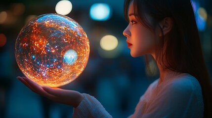 Naklejka premium woman Hand holding virtual Global Internet connection metaverse Business global internet connection application technology and digital marketing Financial and banking Digital link tech : Generative AI