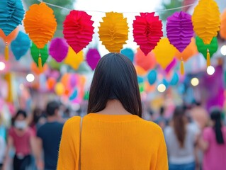 Obraz premium Locals participating in a vibrant street festival with colorful decorations, Street Festival, Community celebration