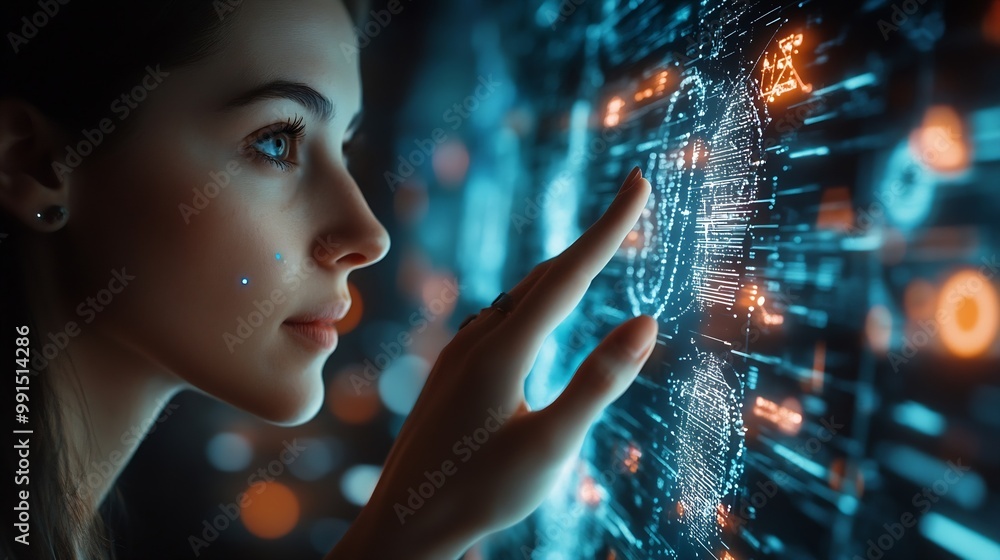 Aufkleber Big Data concept Digital neural networkBusiness woman hand touching Introduction of artificial intelligence Cyberspace of futureScience and innovation of technology : Generative AI