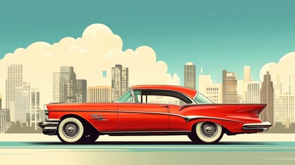 Vintage red car against a city skyline, vibrant colors and retro vibe.