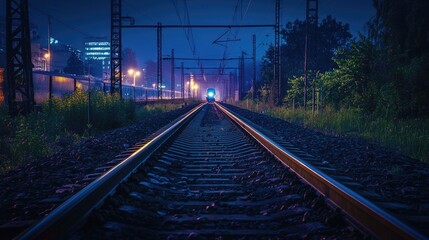 Obraz premium A night shot of illuminated railway tracks, with a train approaching in the distance, creating a dramatic and atmospheric scene of late-night travel.