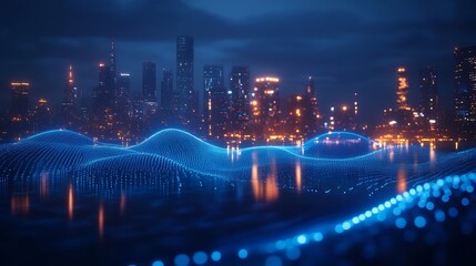 Smart city and big data connection technology concept with digital blue wavy wires with antennas on night megapolis city skyline background double exposure : Generative AI