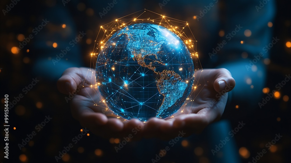 Aufkleber Metaverse TechnologyNext generation technologyGlobal networking connectionscience innovation and communication technologyHand holding earth globe with data exchanges on connection tech : Generative AI