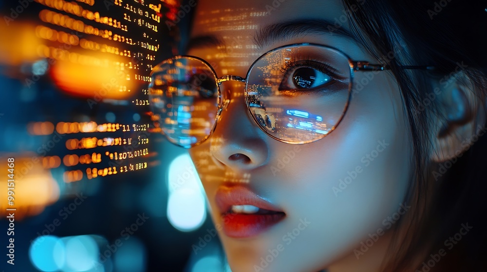 Aufkleber Portrait of Asian Female Startup Digital Entrepreneur Working on Computer Line of Code Projected on Her Face and Reflecting Software Developer Working on Innovative eCommerce App using : Generative AI