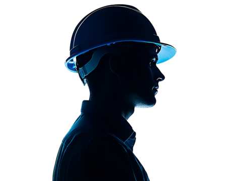 a silhouette of a man wearing a hard hat