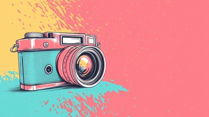 Vintage camera illustration on a colorful abstract background.