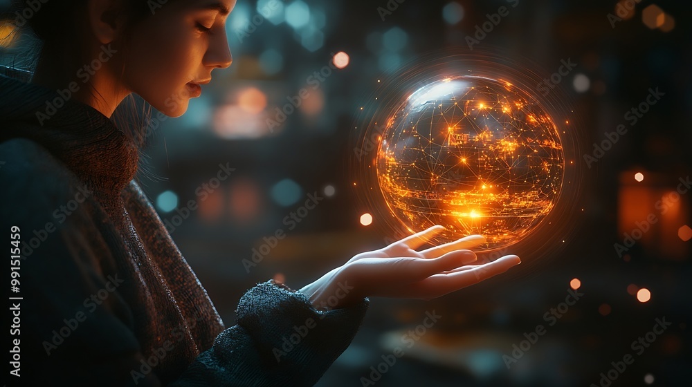 Leinwandbilder Metaverse Virtual TechnologyWoman hand holding global network connection Internet communication Wireless connection technology Futuristic technology with polygonal shapes : Generative AI
