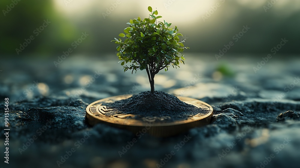 Poster showing financial developments and business growth with a growing tree on a coin : generative ai