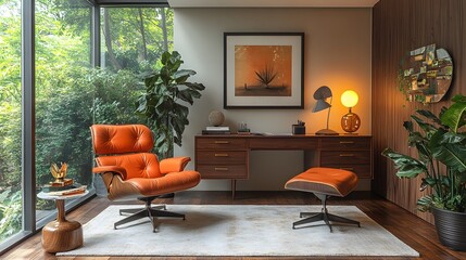 Fototapeta premium Mid-century modern workspace with retro-inspired furniture and clean lines
