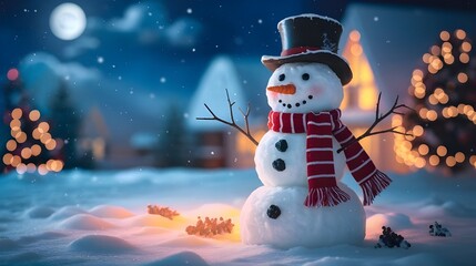 Obraz premium Snowman In Winter Wonderland with Snowfall Lights and Moon