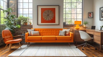 Mid-century modern workspace with sleek furniture and bright accents