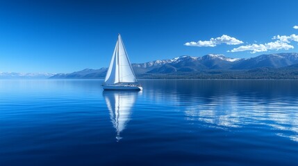 Sailboat gliding across tranquil blue waters with mountains reflecting under a clear sky during a serene afternoon