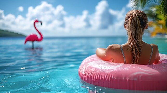 Beach vacation summer Caribbean travel woman sunbathing relaxing with swimming pool pink flamingo float  funny holiday banner panoramic : Generative AI